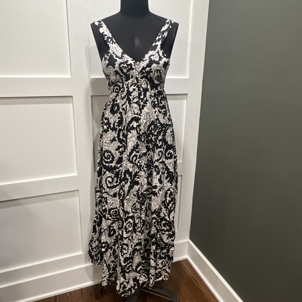 Anthropologie Black White Abstract Floral Button Front Cut Out Maxi Dress XXS